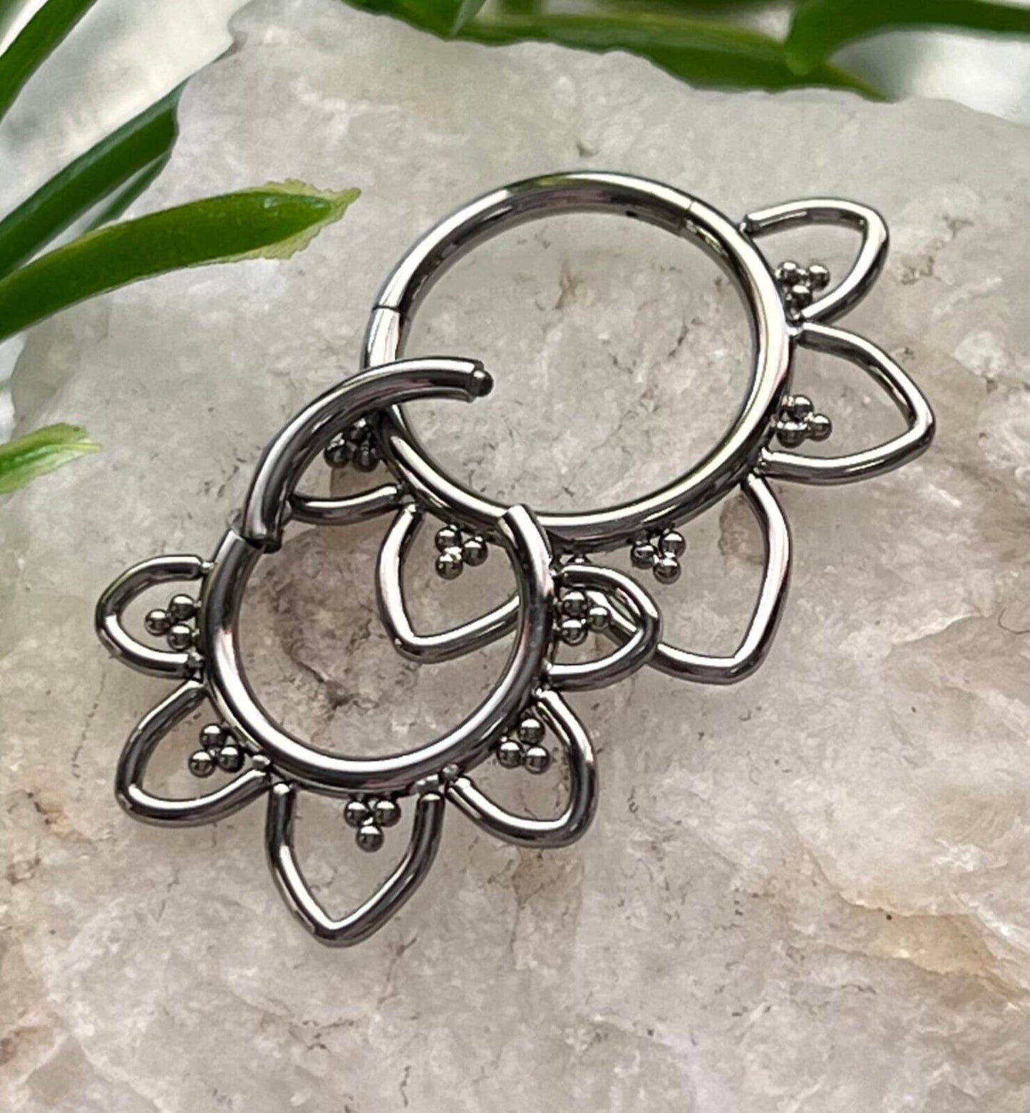 1 Piece Implant Grade Titanium Filigree Hearts Hinged Segment Septum Ring- 16g in 10mm or 8mm - Silver, Gold & Black Available!
