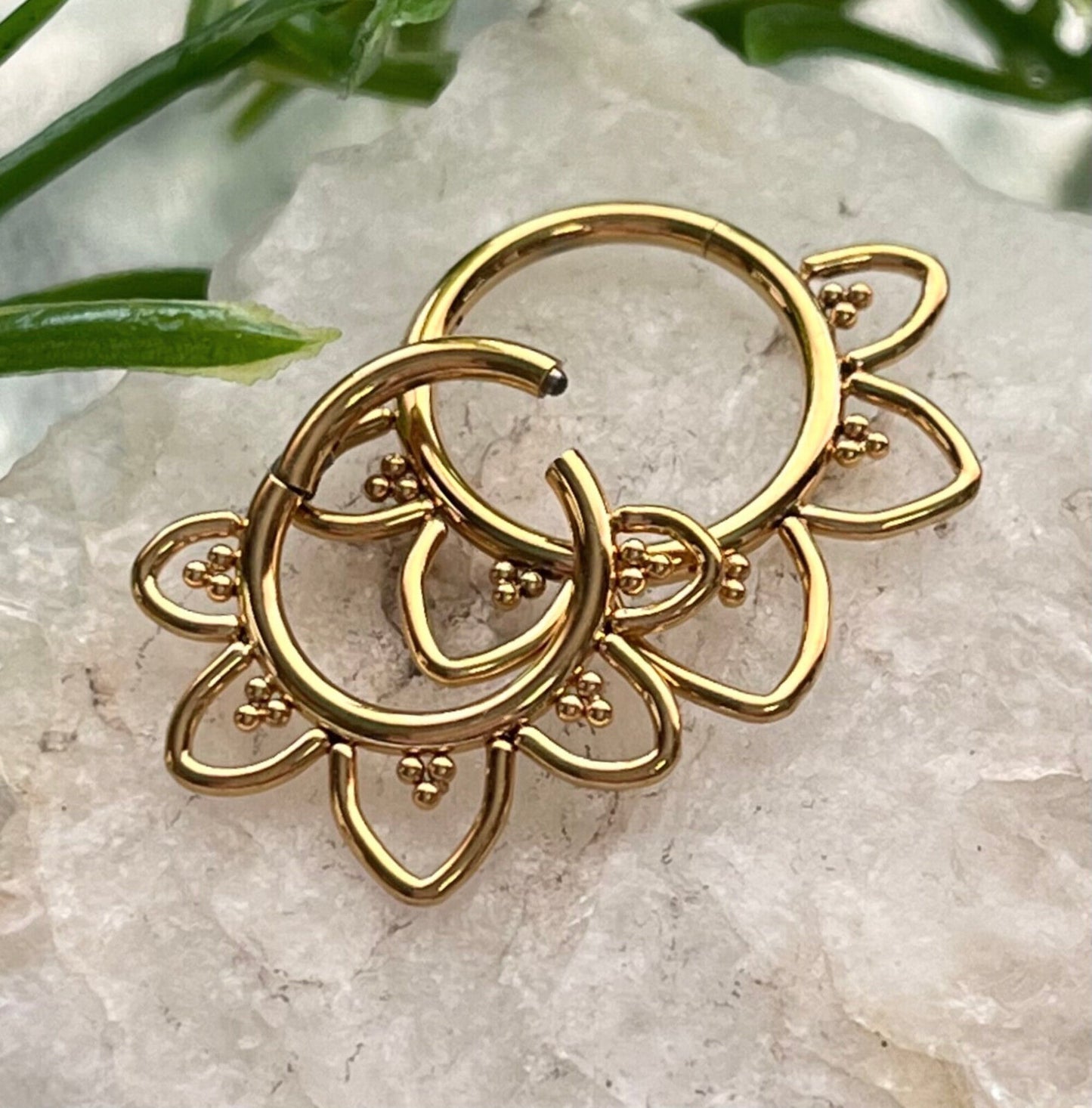 1 Piece Implant Grade Titanium Filigree Hearts Hinged Segment Septum Ring- 16g in 10mm or 8mm - Silver, Gold & Black Available!