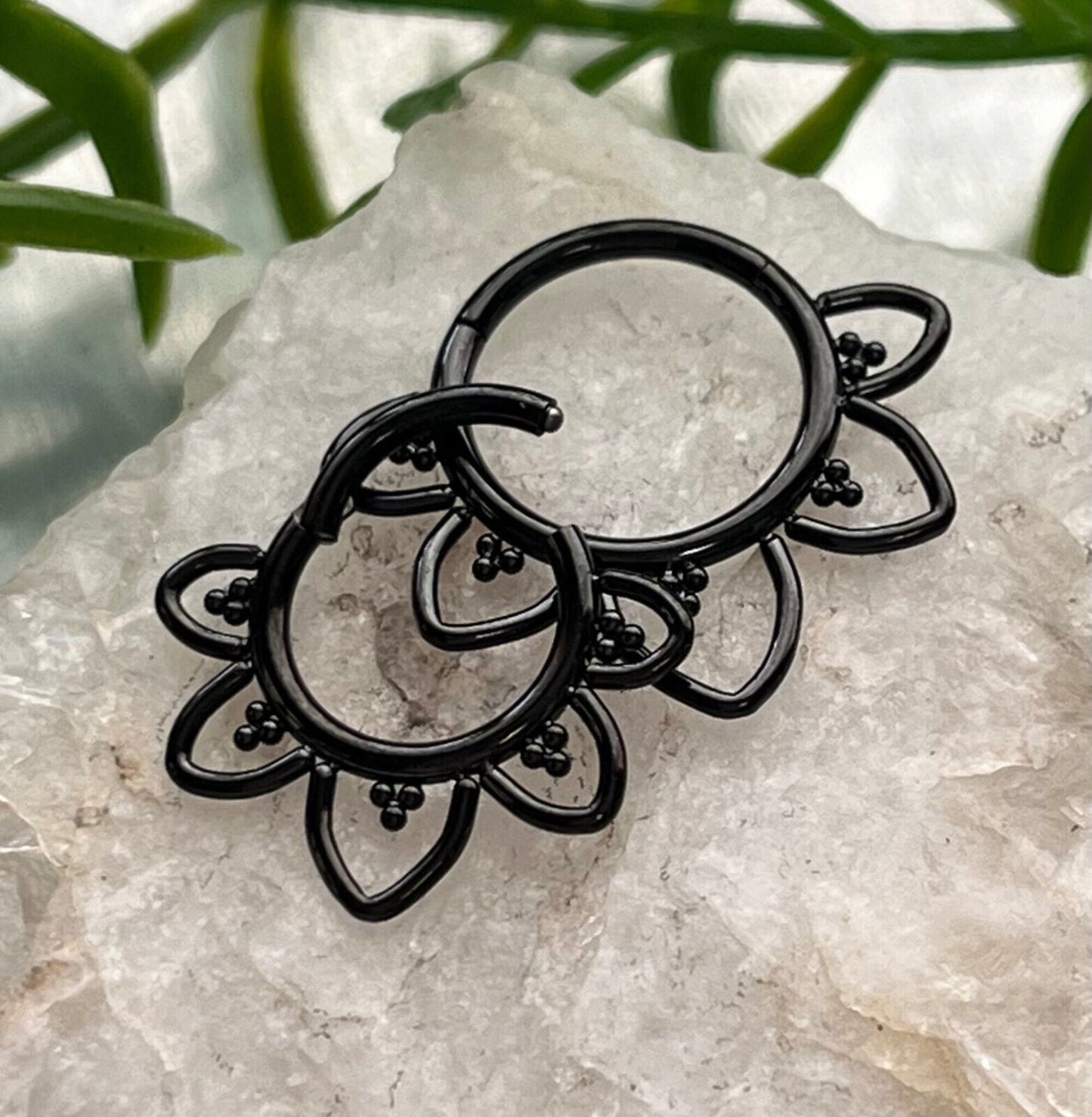 1 Piece Implant Grade Titanium Filigree Hearts Hinged Segment Septum Ring- 16g in 10mm or 8mm - Silver, Gold & Black Available!