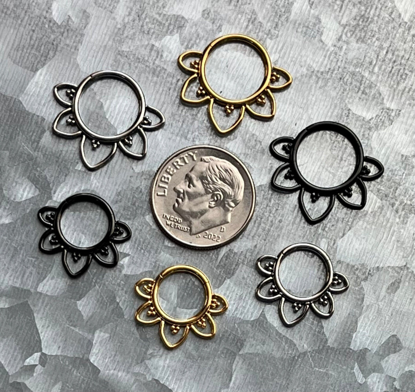 1 Piece Implant Grade Titanium Filigree Hearts Hinged Segment Septum Ring- 16g in 10mm or 8mm - Silver, Gold & Black Available!