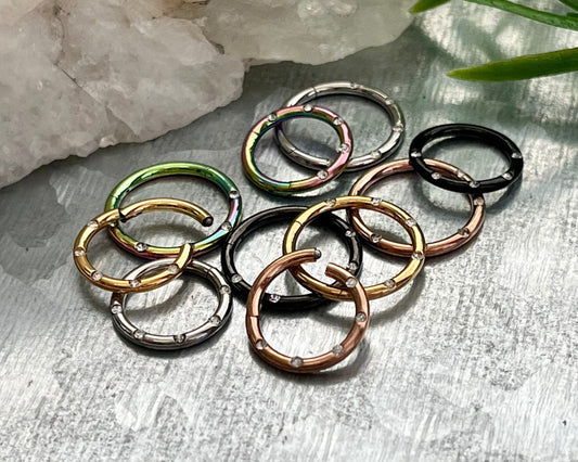 1 Piece Beautiful Five Flush Gems Hinged Segment Septum Ring - 16g - 10mm & 8mm - Black, Gold, Rainbow, Rose Gold or Silver Available!