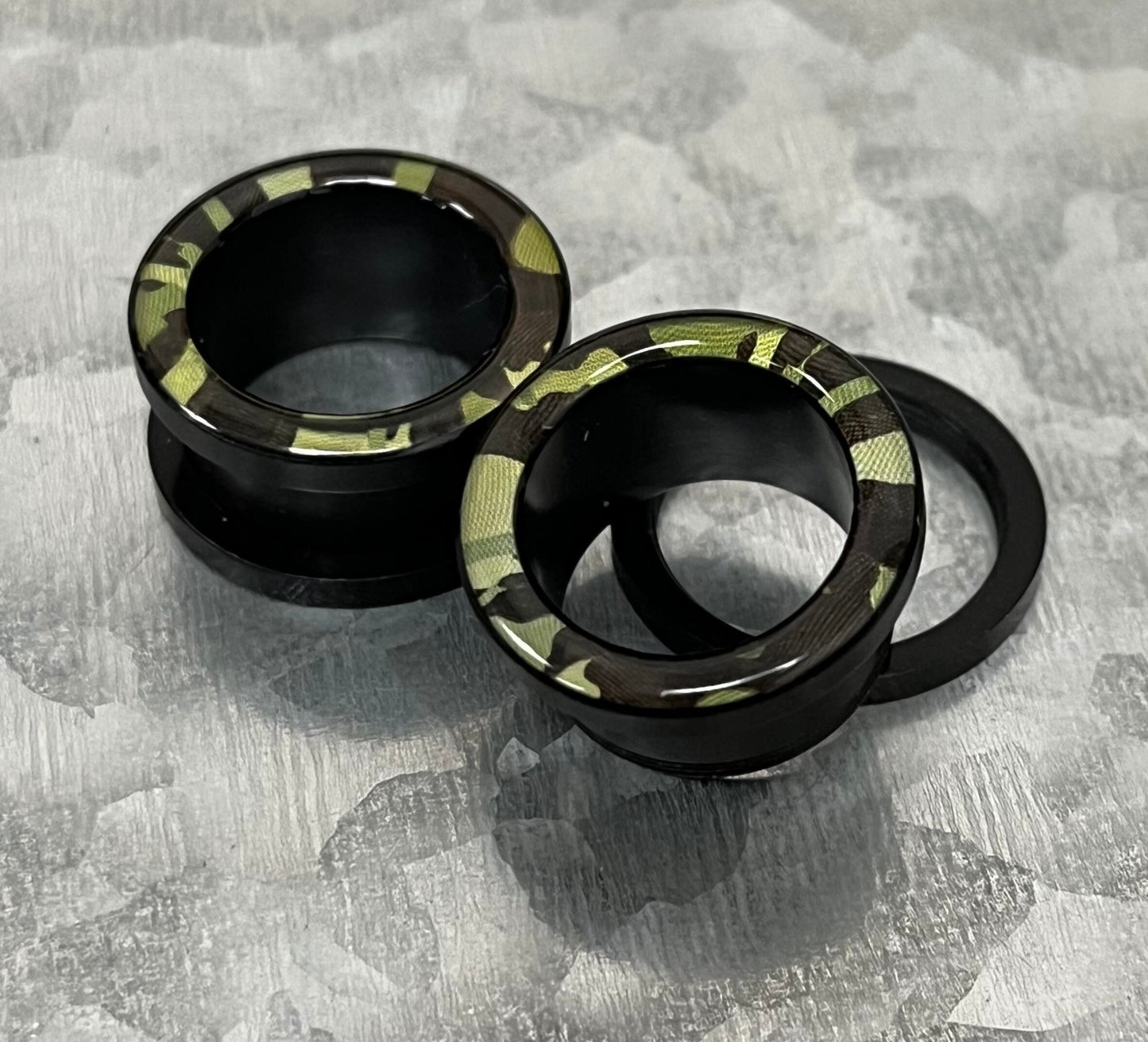 PAIR of Unique Camouflage Print Acrylic Screw Fit Tunnel Plugs - Gauges 1/2" (12mm) thru 5/8" (16mm) available!
