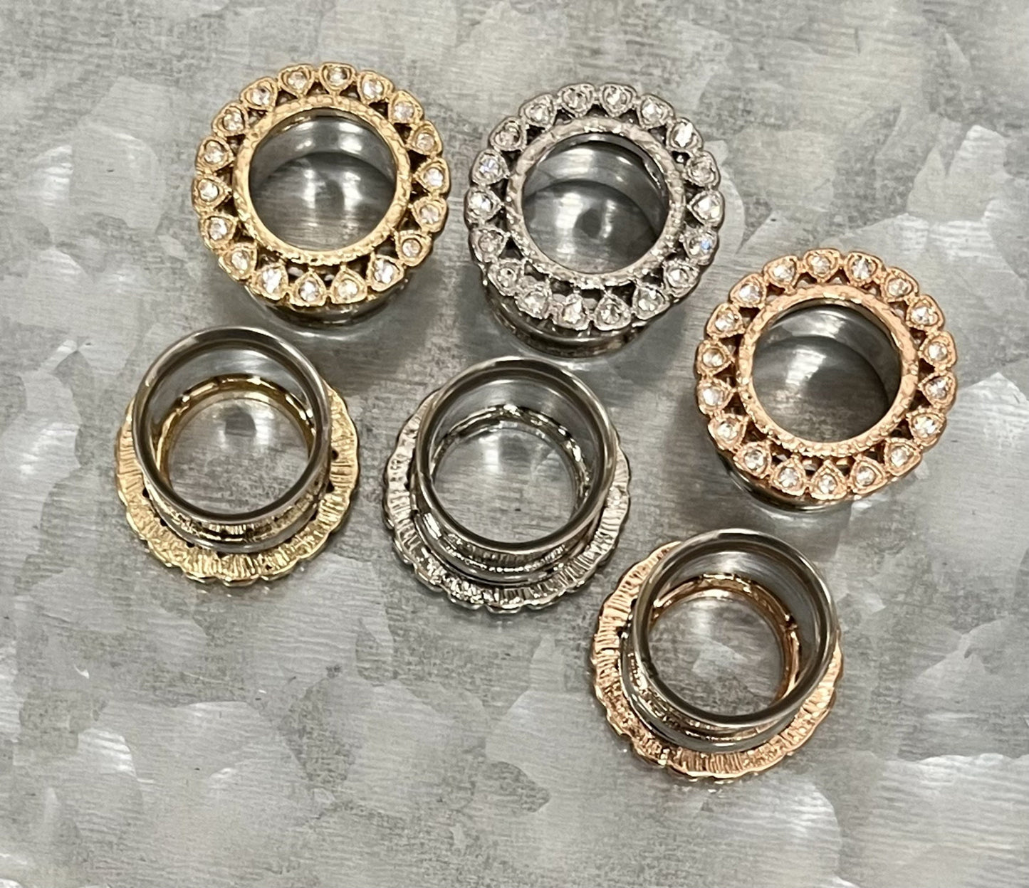 PAIR of Unusual CZ Gemmed Heart Surrounded Double Flare Stainless Steel Tunnels- Gauges 2g(6mm) thru 5/8"(16mm) in Gold, Rose Gold & Silver!