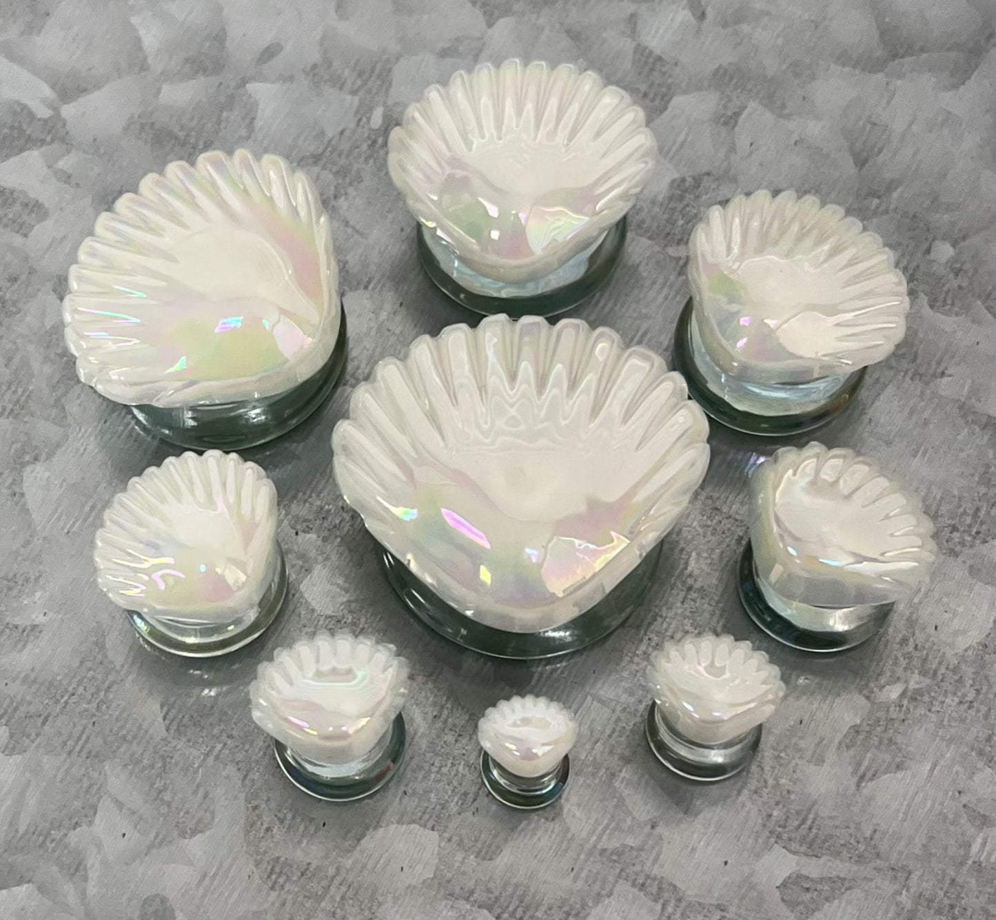 PAIR of Unique White Pearl Seashell Glass Double Flare Tunnels/Plugs - Gauges 2g (6mm) thru 1" (25mm) available!