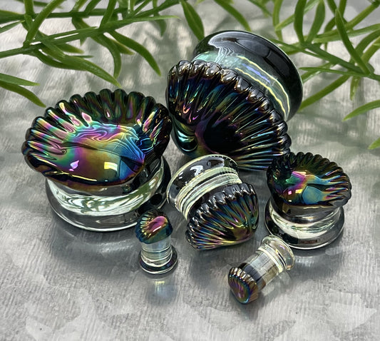 PAIR of Stunning Black Pearl Seashell Glass Double Flare Tunnels/Plugs - Gauges 2g (6mm) thru 1" (25mm) available!