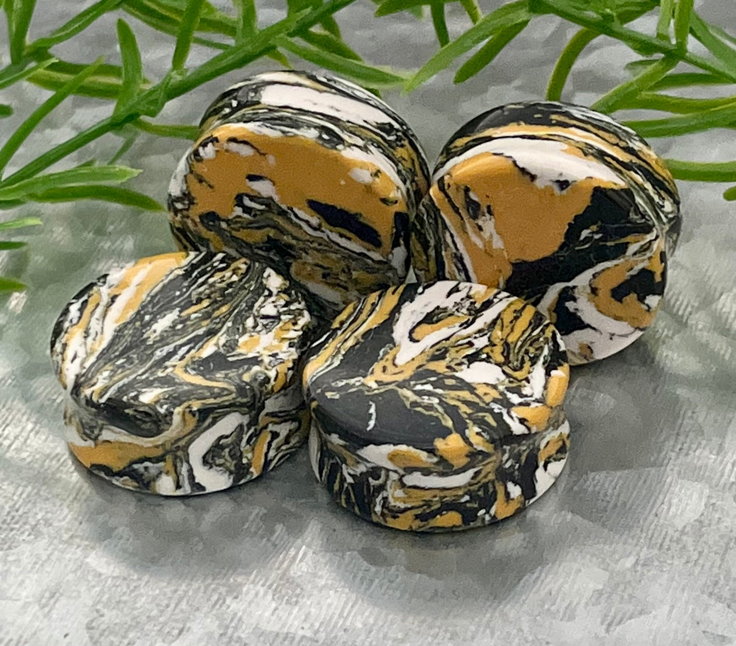 PAIR of Stunning Black, Yellow & White Synthetic Turquoise Double Flare Tunnels/Plugs - Gauges 2g (6mm) thru 1" (25mm) available!