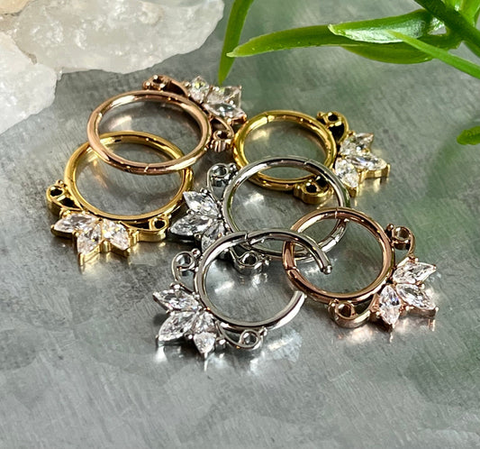 1 Piece of Unique Marquise Gem Fan Hinged Segment Ring - 16g - 8mm or 10mm Internal Diameter - Available in Silver, Gold & Rose Gold!