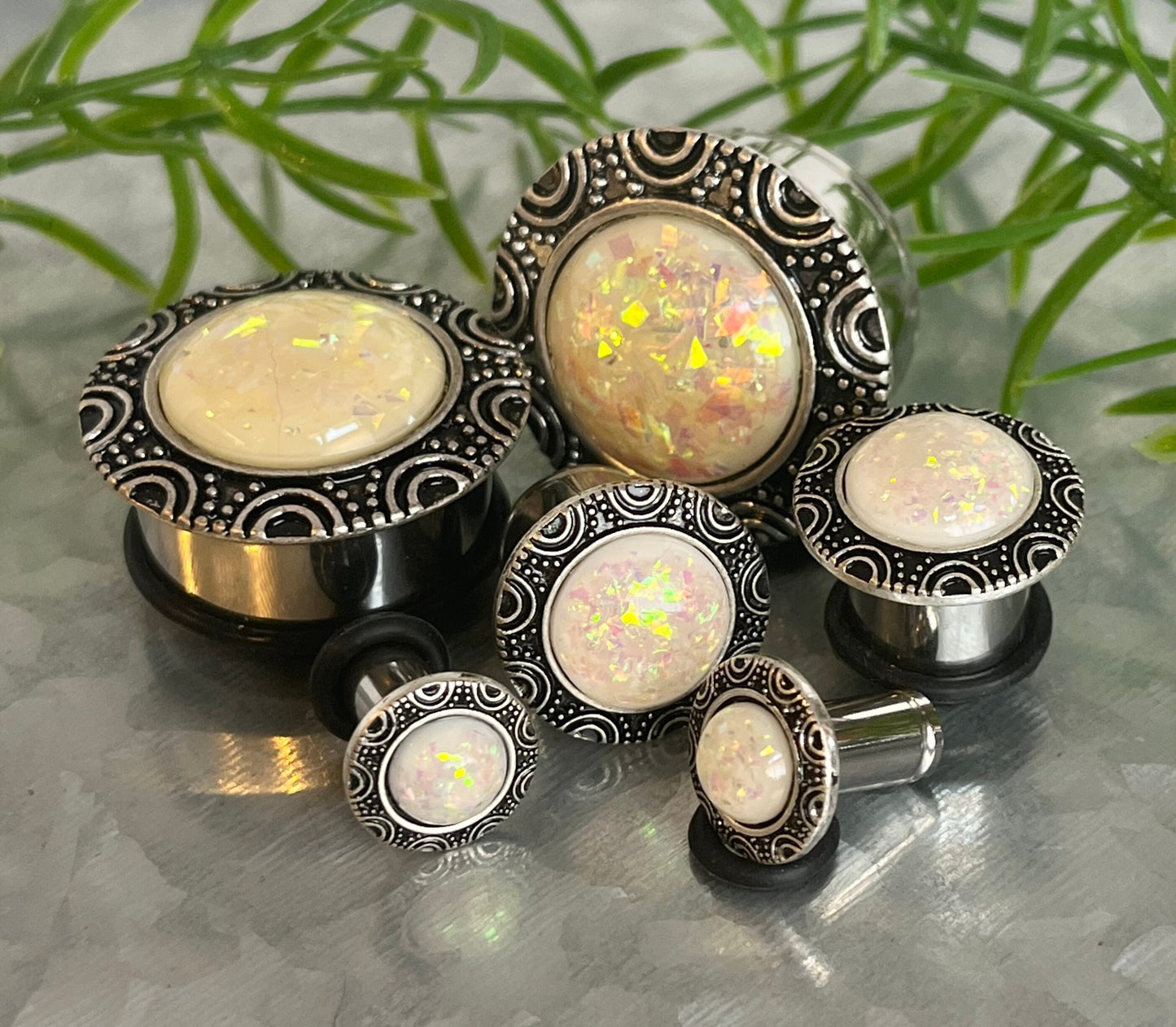PAIR of Beautiful Synthetic Opal Brass Top Surgical Steel Single Flare Plugs with O-Rings - Gauges 2g (6mm) thru - 1" (25mm) Available!