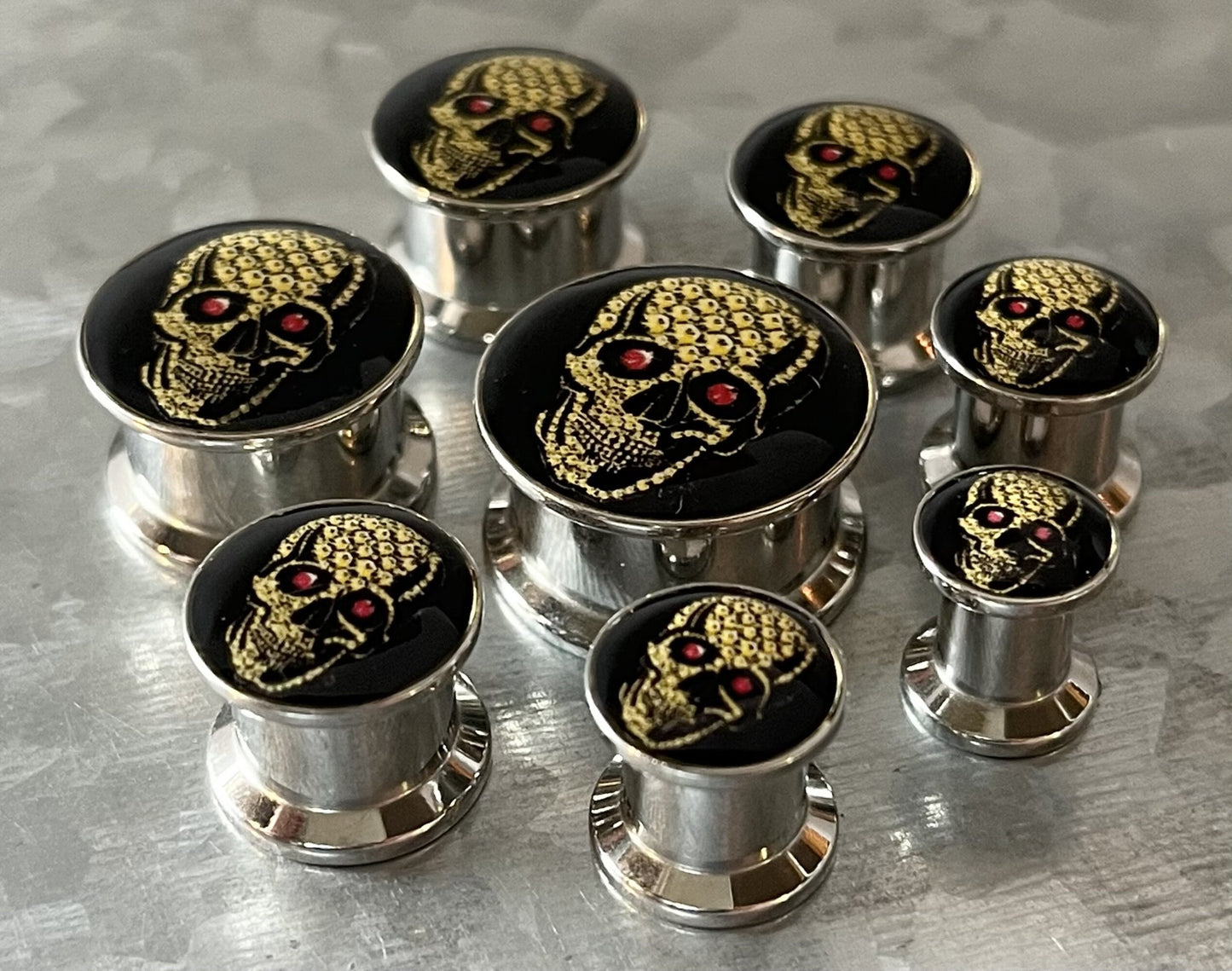 PAIR of Unique Yellow Skull with Red Eyes Steel Screw Fit Stash Plugs/Tunnels - Gauges 2g (6mm) thru 5/8" (16mm) available!