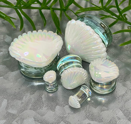 PAIR of Unique White Pearl Seashell Glass Double Flare Tunnels/Plugs - Gauges 2g (6mm) thru 1" (25mm) available!