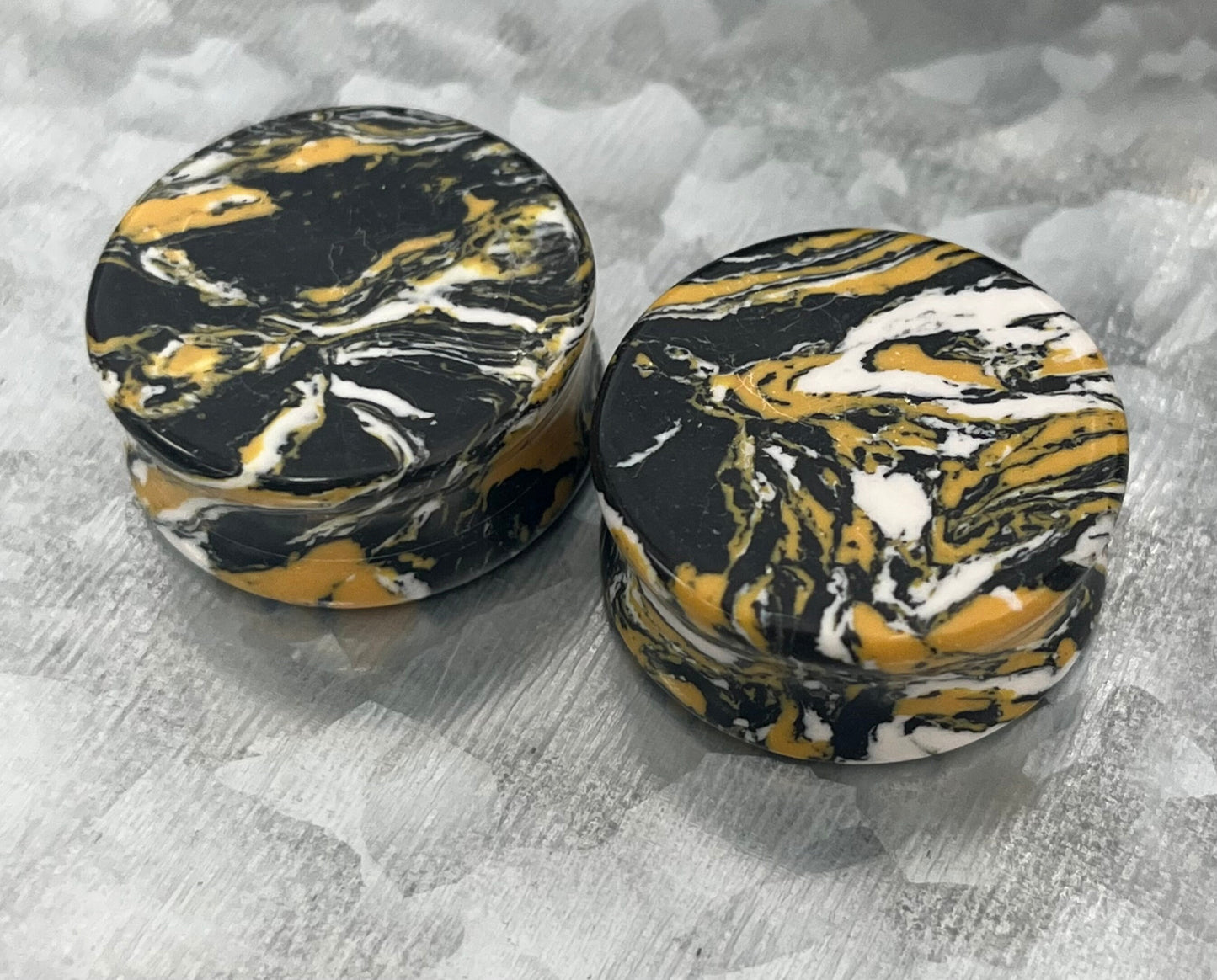 PAIR of Stunning Black, Yellow & White Synthetic Turquoise Double Flare Tunnels/Plugs - Gauges 2g (6mm) thru 1" (25mm) available!