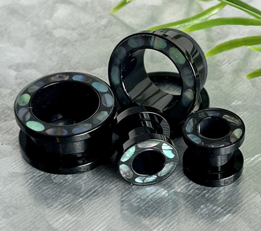 PAIR of Unique Abalone Inlaid Rim Acrylic Screw Fit Tunnels/Plugs - Gauges 0g (8mm) thru 5/8" (16mm) Available!