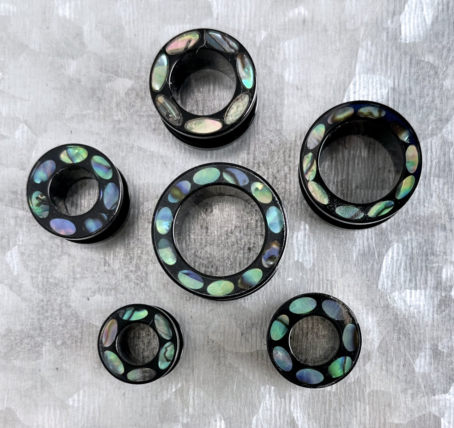 PAIR of Unique Abalone Inlaid Rim Acrylic Screw Fit Tunnels/Plugs - Gauges 0g (8mm) thru 5/8" (16mm) Available!