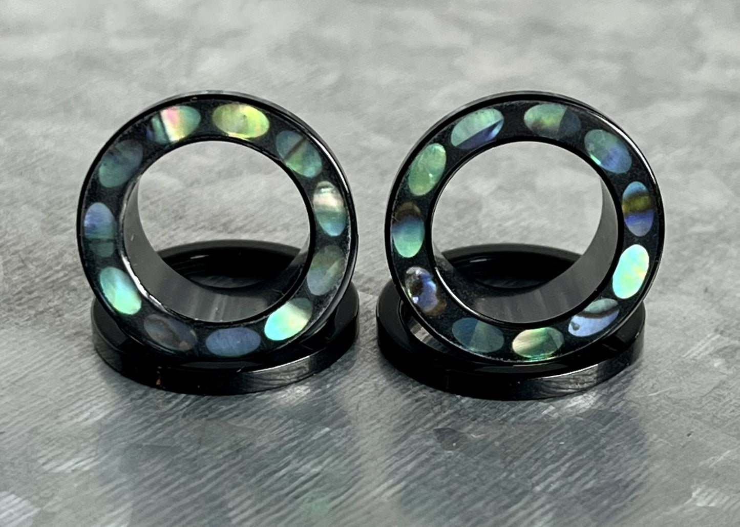PAIR of Unique Abalone Inlaid Rim Acrylic Screw Fit Tunnels/Plugs - Gauges 0g (8mm) thru 5/8" (16mm) Available!