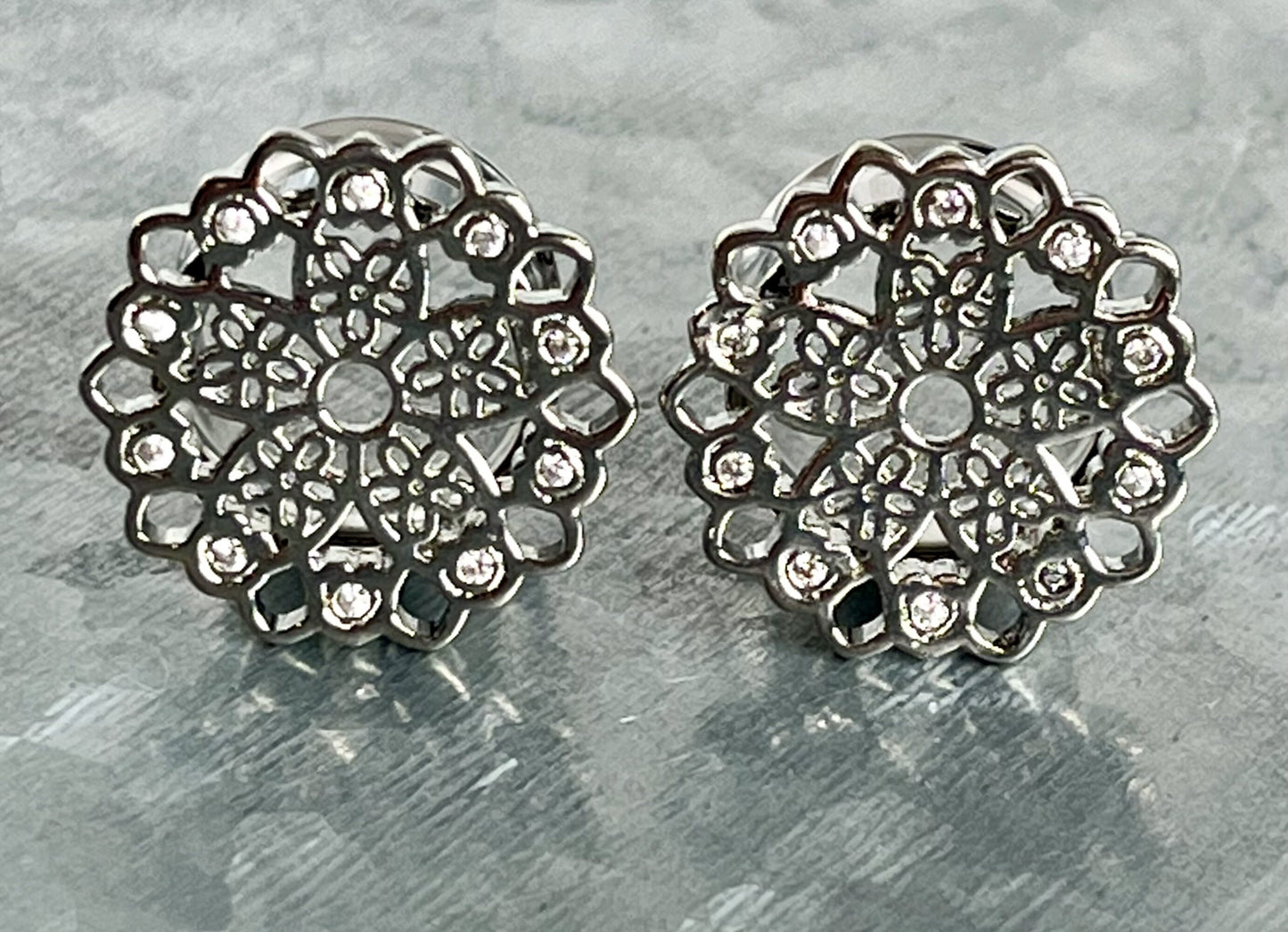PAIR of Beautiful Crystal Set Vintage Filigree Double Flare Tunnels - Gauges 8g (3mm) thru 5/8" (16mm) available!