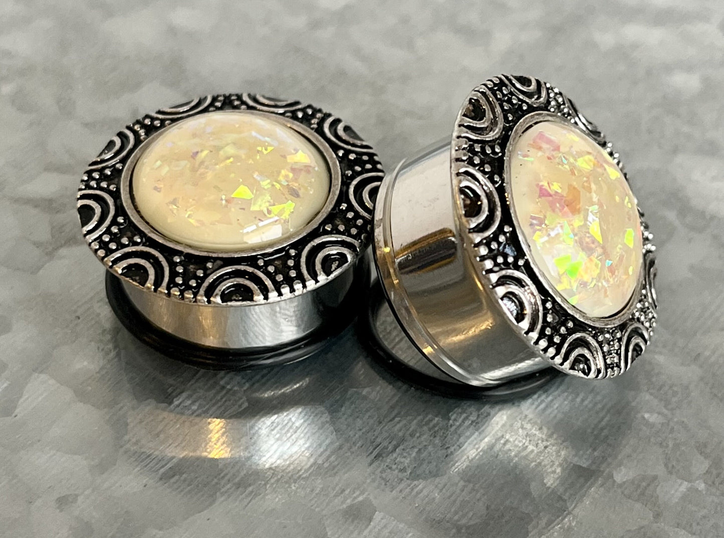PAIR of Beautiful Synthetic Opal Brass Top Surgical Steel Single Flare Plugs with O-Rings - Gauges 2g (6mm) thru - 1" (25mm) Available!