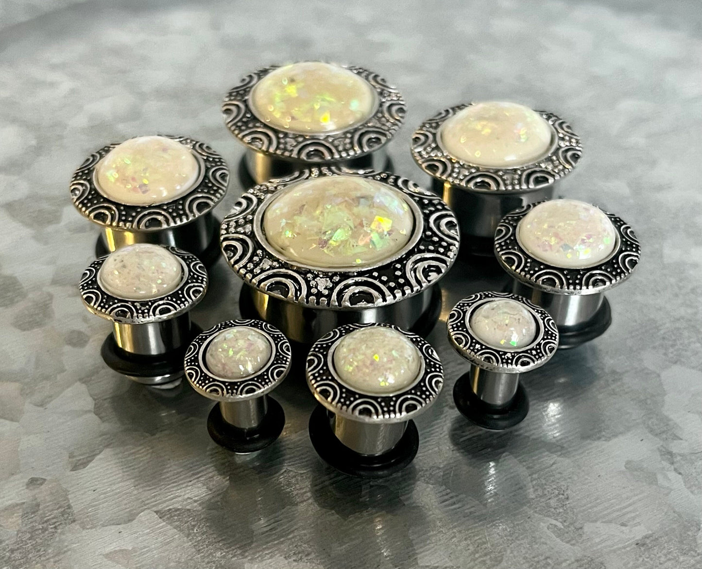 PAIR of Beautiful Synthetic Opal Brass Top Surgical Steel Single Flare Plugs with O-Rings - Gauges 2g (6mm) thru - 1" (25mm) Available!
