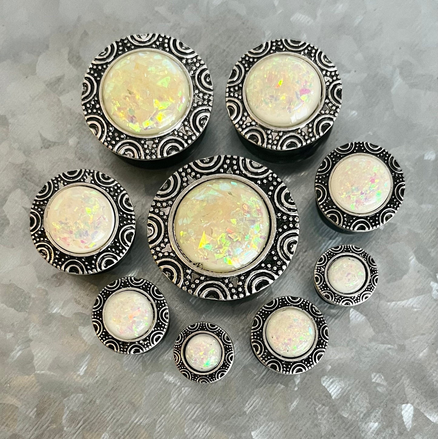 PAIR of Beautiful Synthetic Opal Brass Top Surgical Steel Single Flare Plugs with O-Rings - Gauges 2g (6mm) thru - 1" (25mm) Available!