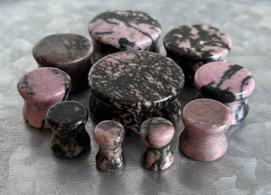 PAIR of Unusual Rhodonite Black & Pink Organic Natural Stone Double Flare Plugs/Tunnels - Gauges 4g (5mm) up to 1" (25mm) available!