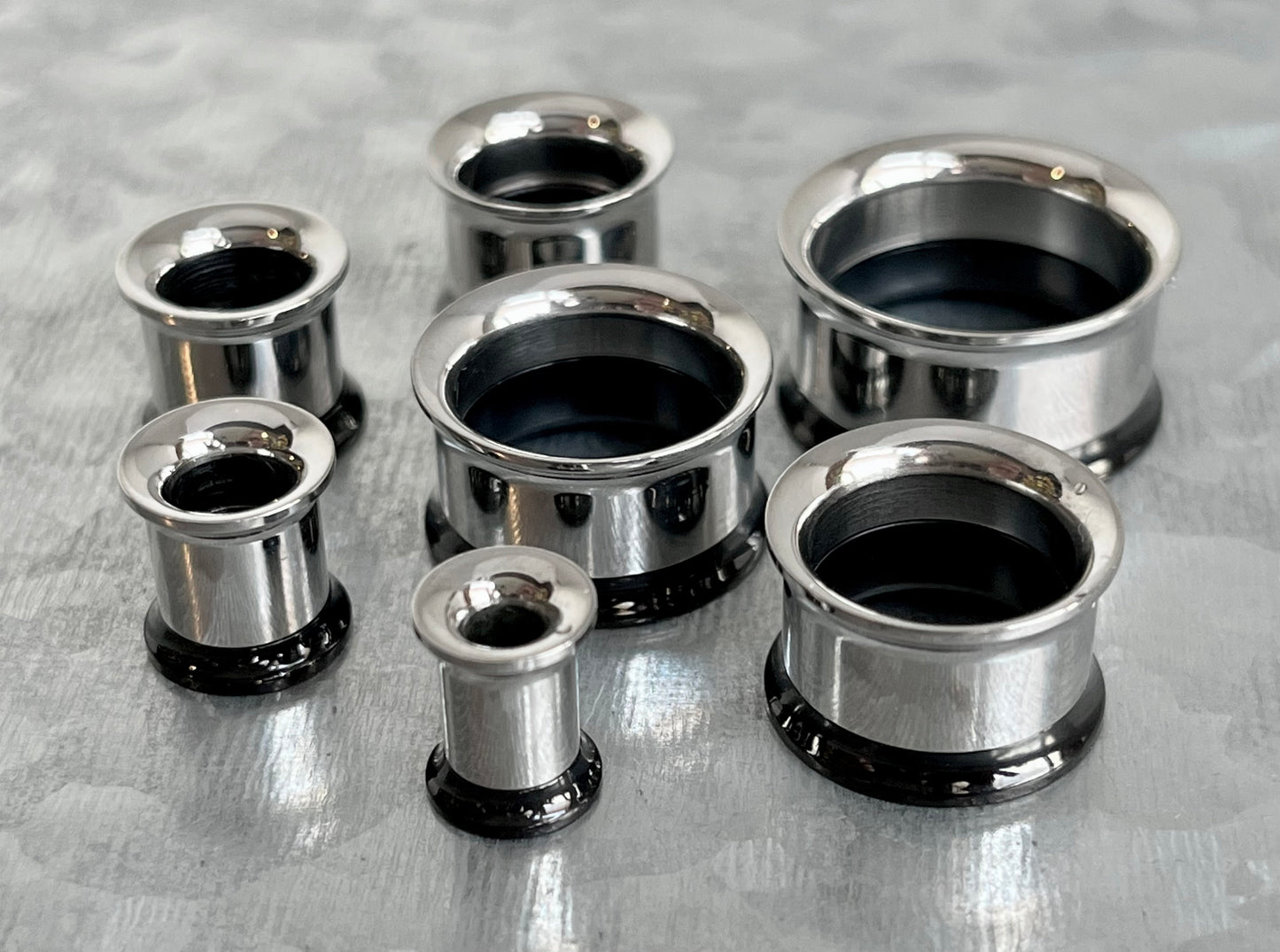 PAIR of Stunning Two Sided Black and Steel Internally Threaded Tunnels/Plugs - Gauges 2g (6mm) thru 3/4" (19mm) available!