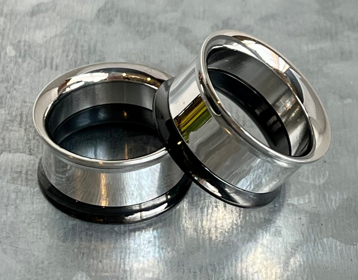 PAIR of Stunning Two Sided Black and Steel Internally Threaded Tunnels/Plugs - Gauges 2g (6mm) thru 3/4" (19mm) available!