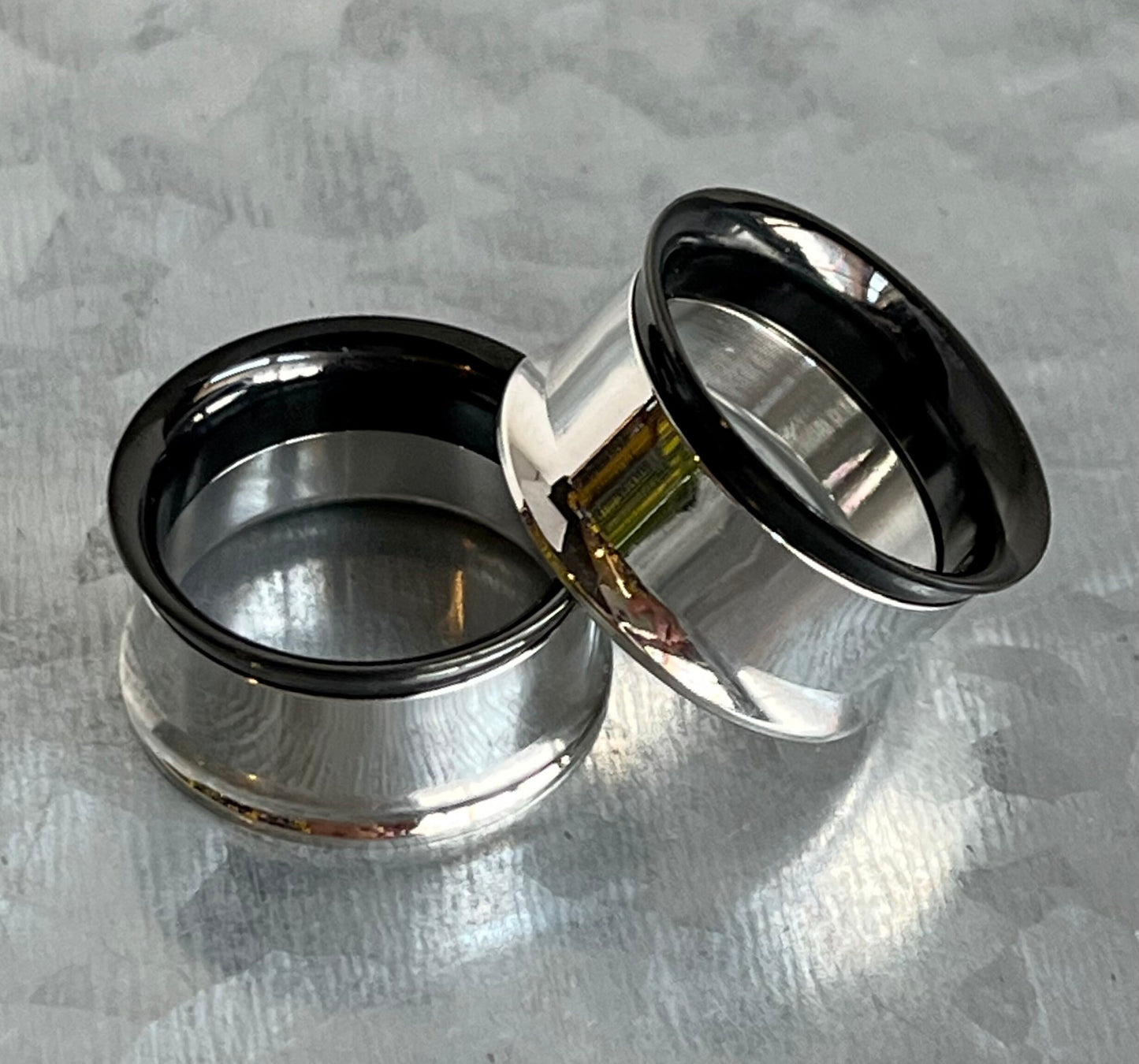 PAIR of Stunning Two Sided Black and Steel Internally Threaded Tunnels/Plugs - Gauges 2g (6mm) thru 3/4" (19mm) available!
