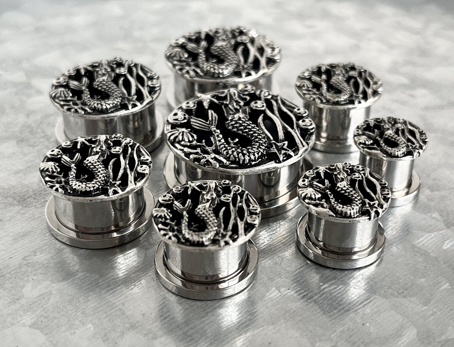 PAIR of Stunning Siren - Mermaid Surgical Steel Screw Fit Stainless Steel Tunnels/Plugs - Gauges 00g (10mm) thru 1" (25mm) available!