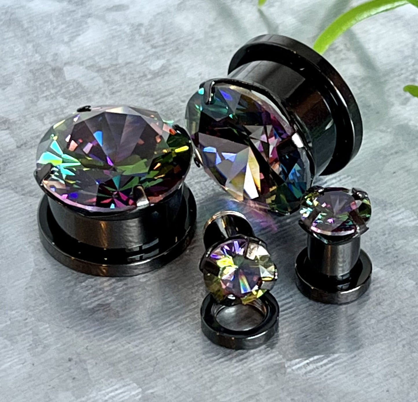 PAIR of Stunning Large CZ Gem Screw Fit Steel Tunnels / Plugs - Gauges 2g (6mm) thru 5/8" (16mm) & 8 Colors Combos Available!