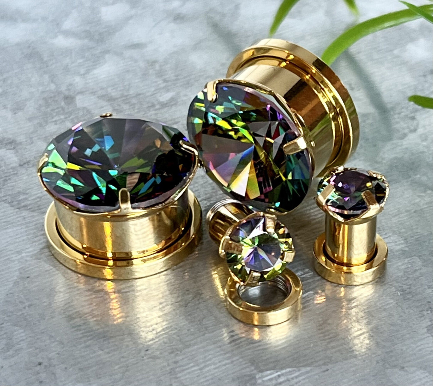 PAIR of Stunning Large CZ Gem Screw Fit Steel Tunnels / Plugs - Gauges 2g (6mm) thru 5/8" (16mm) & 8 Colors Combos Available!