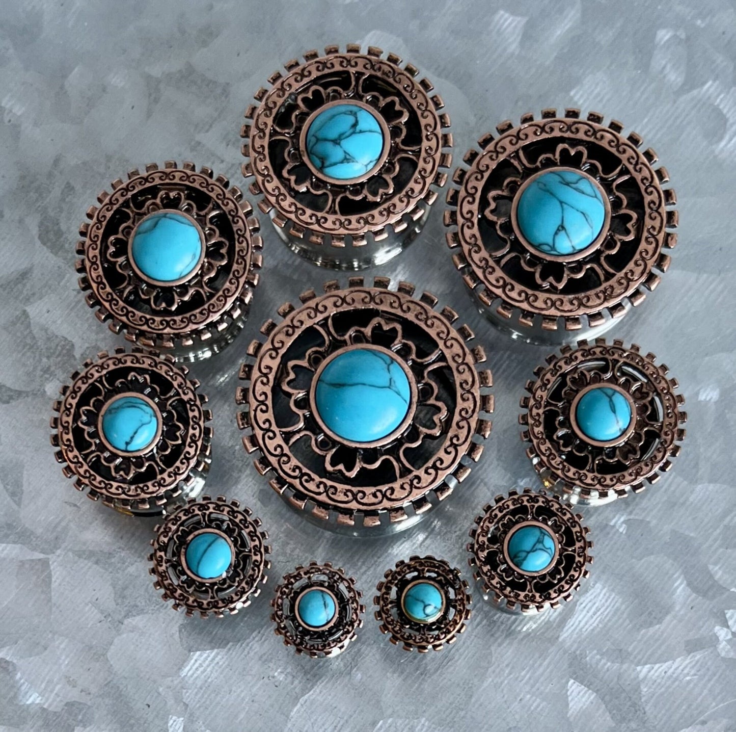 PAIR of Unique Bronze Plated Shield with Turquoise Center Steel Double Flare Tunnels/Plugs - Gauges 4g (5mm) thru 1" (25mm) available!