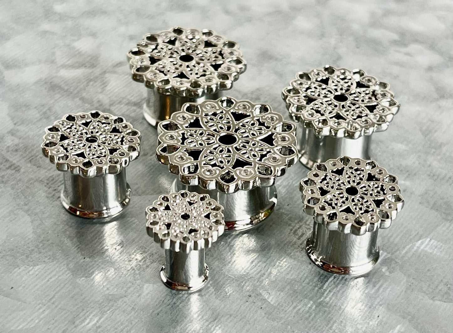 PAIR of Beautiful Crystal Set Vintage Filigree Double Flare Tunnels - Gauges 8g (3mm) thru 5/8" (16mm) available!