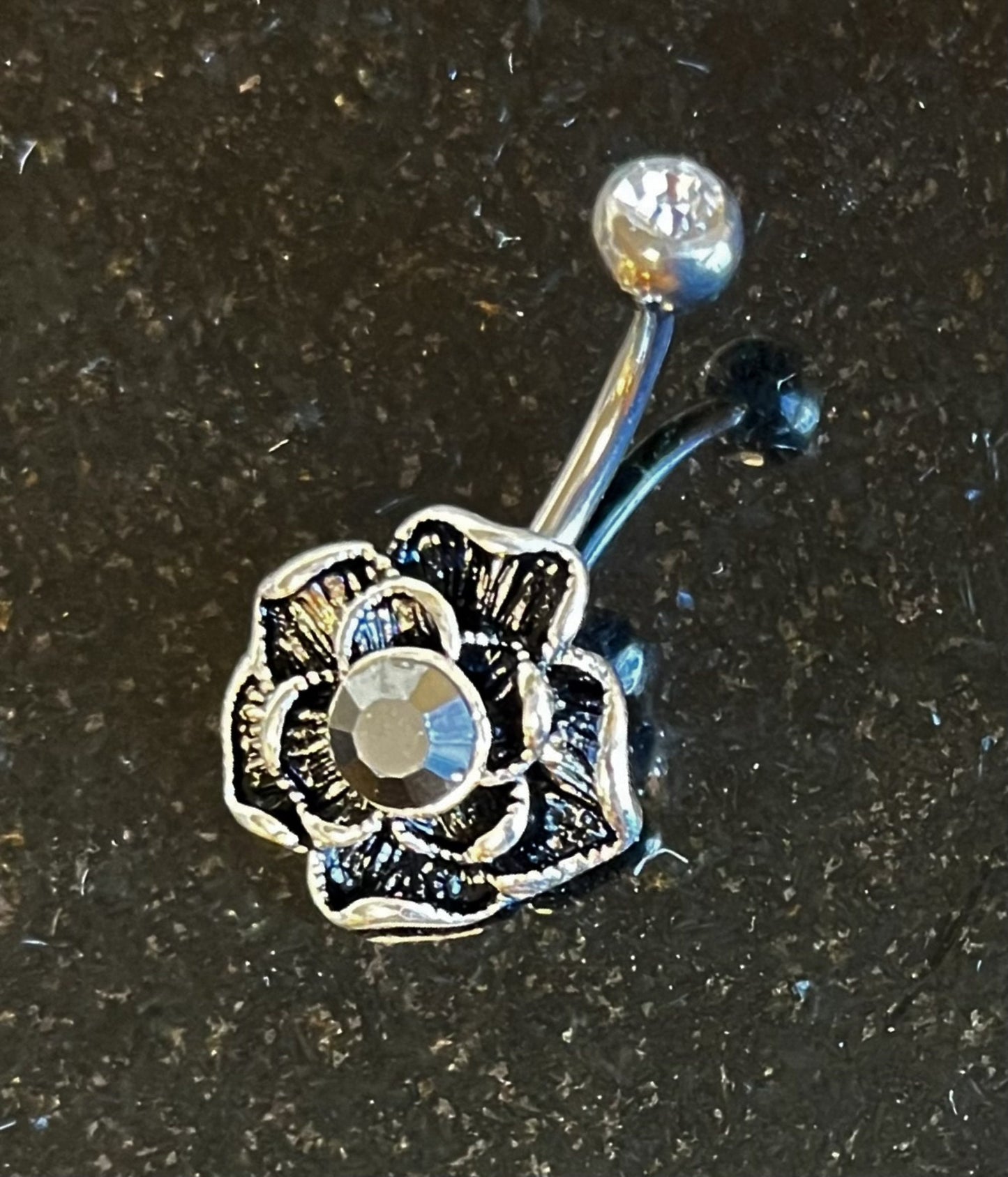 1 Piece Unique Vintage Hematite Flower Navel / Naval Belly Ring with Center Black CZ Gem!
