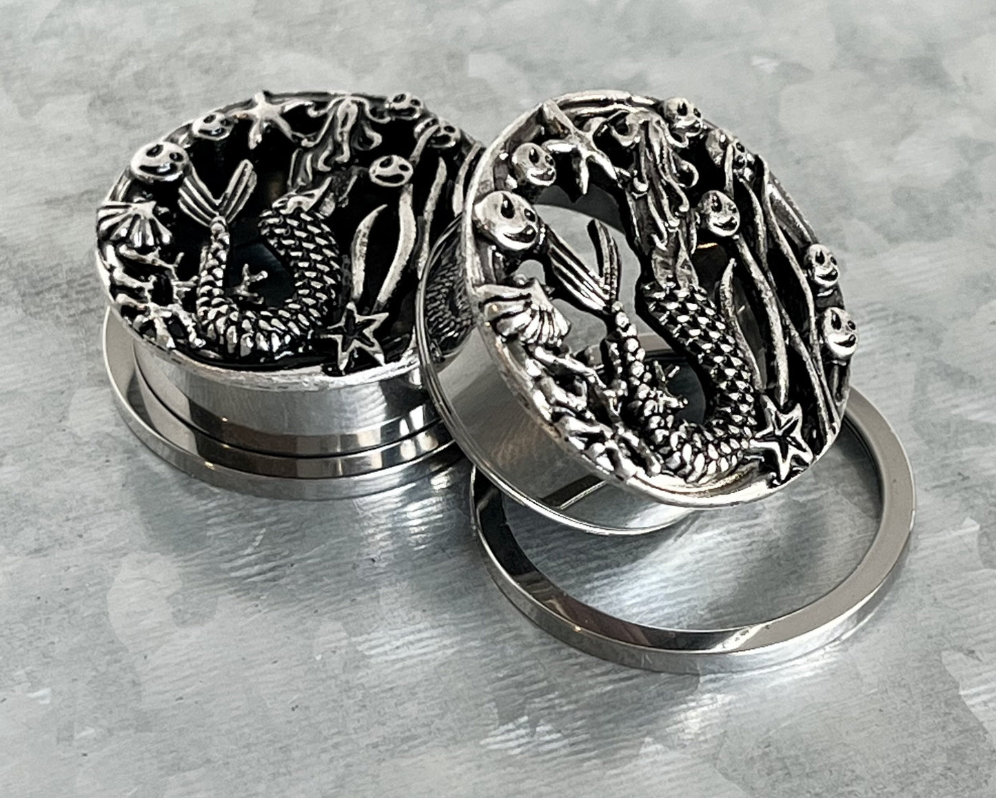PAIR of Stunning Siren - Mermaid Surgical Steel Screw Fit Stainless Steel Tunnels/Plugs - Gauges 00g (10mm) thru 1" (25mm) available!