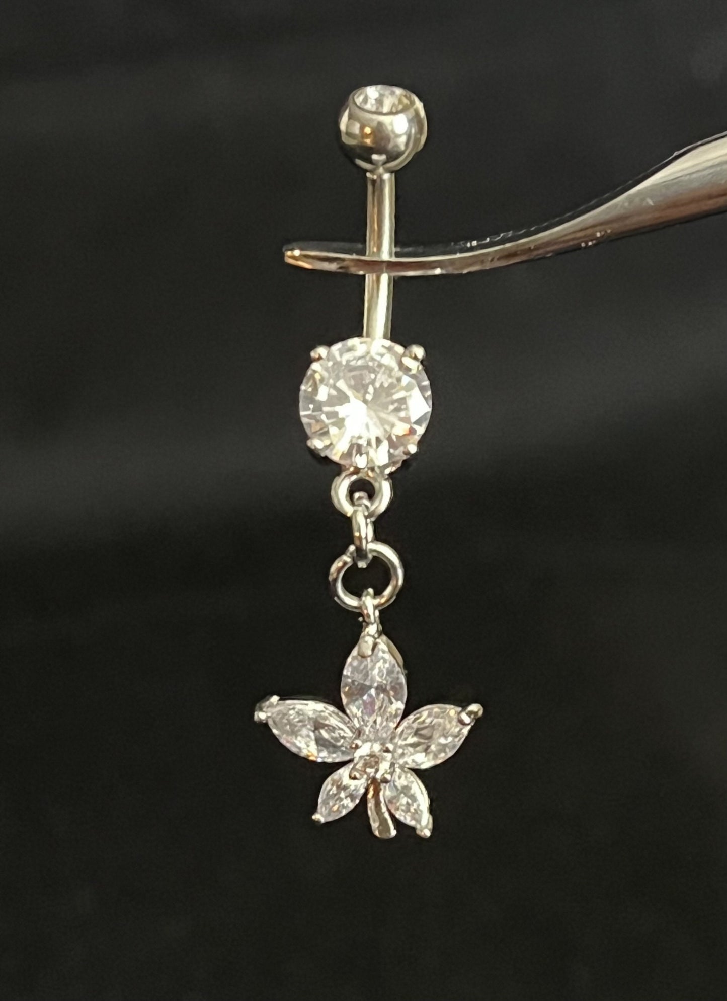 1 Piece Stunning Marquise Cut CZ Gem Flower Dangle Surgical Steel Navel / Naval Belly Ring - 14g- 10mm- Gold, Steel and Rose Gold Available!