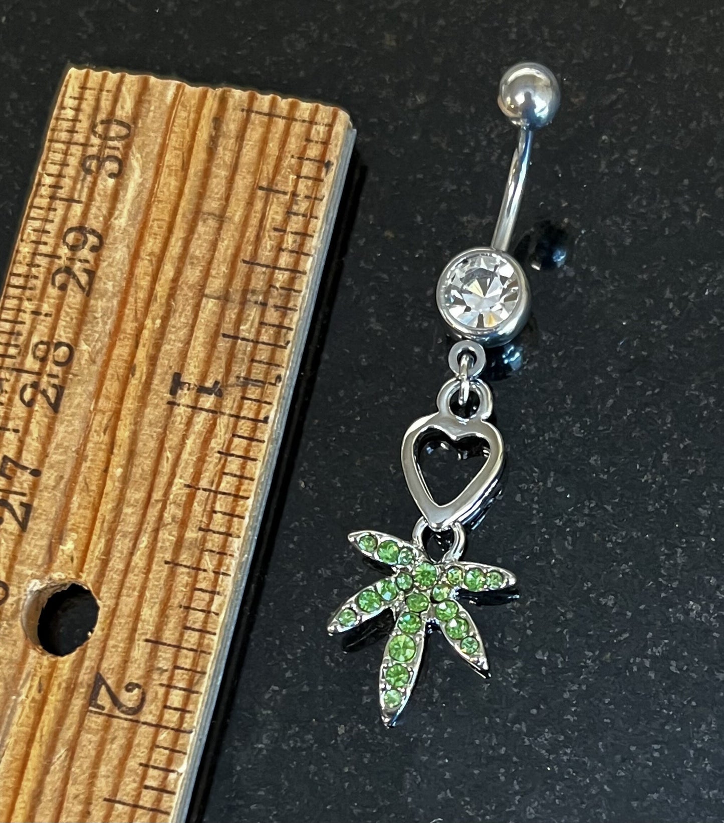 1 Piece Unique Heart & Pot Leaf Paved CZ Gem Navel / Naval Belly Ring - 14g - 10mm - Green and Clear Available!