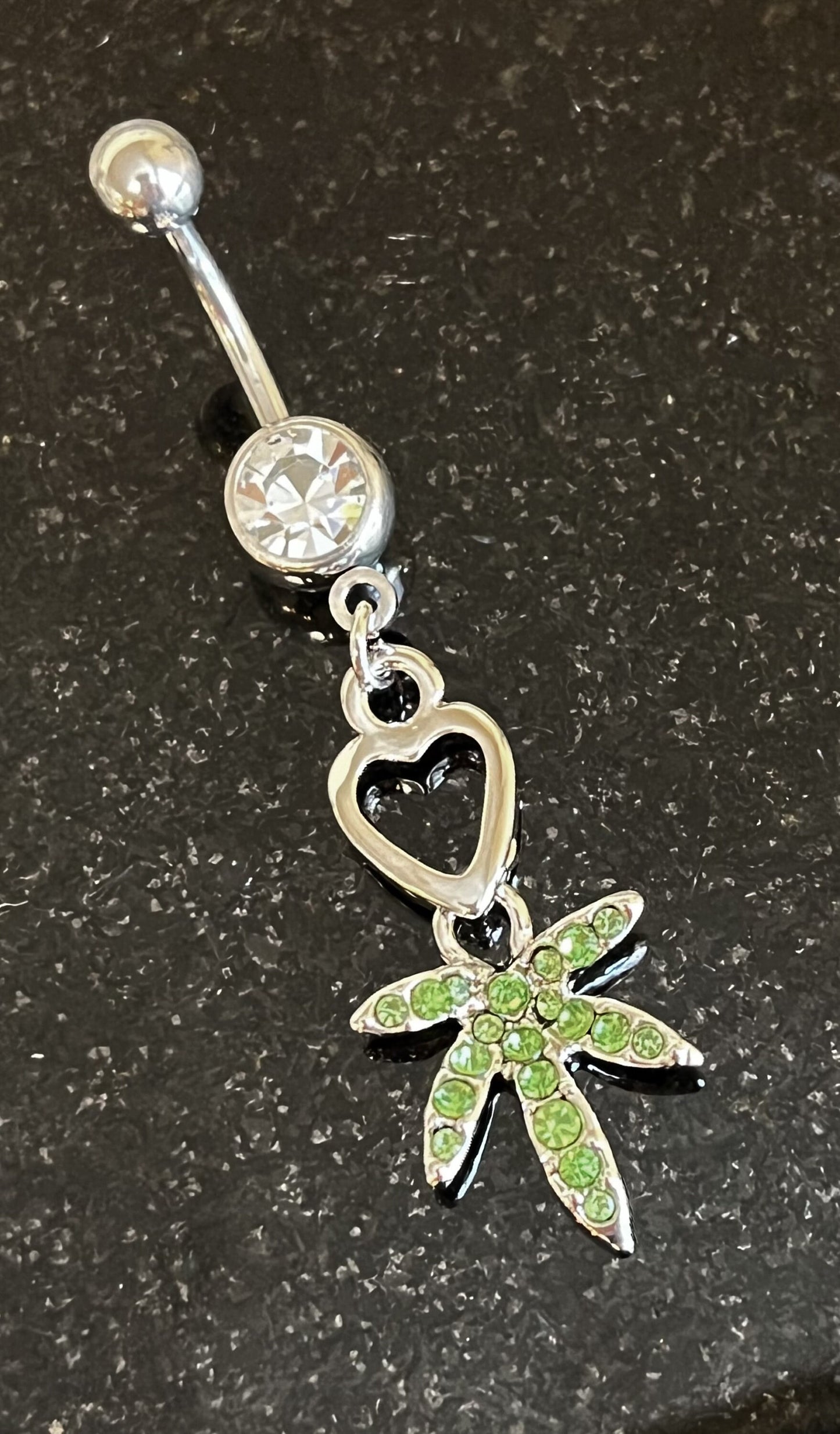 1 Piece Unique Heart & Pot Leaf Paved CZ Gem Navel / Naval Belly Ring - 14g - 10mm - Green and Clear Available!