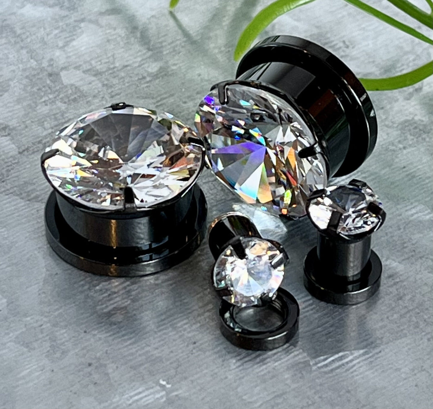 PAIR of Stunning Large CZ Gem Screw Fit Steel Tunnels / Plugs - Gauges 2g (6mm) thru 5/8" (16mm) & 8 Colors Combos Available!