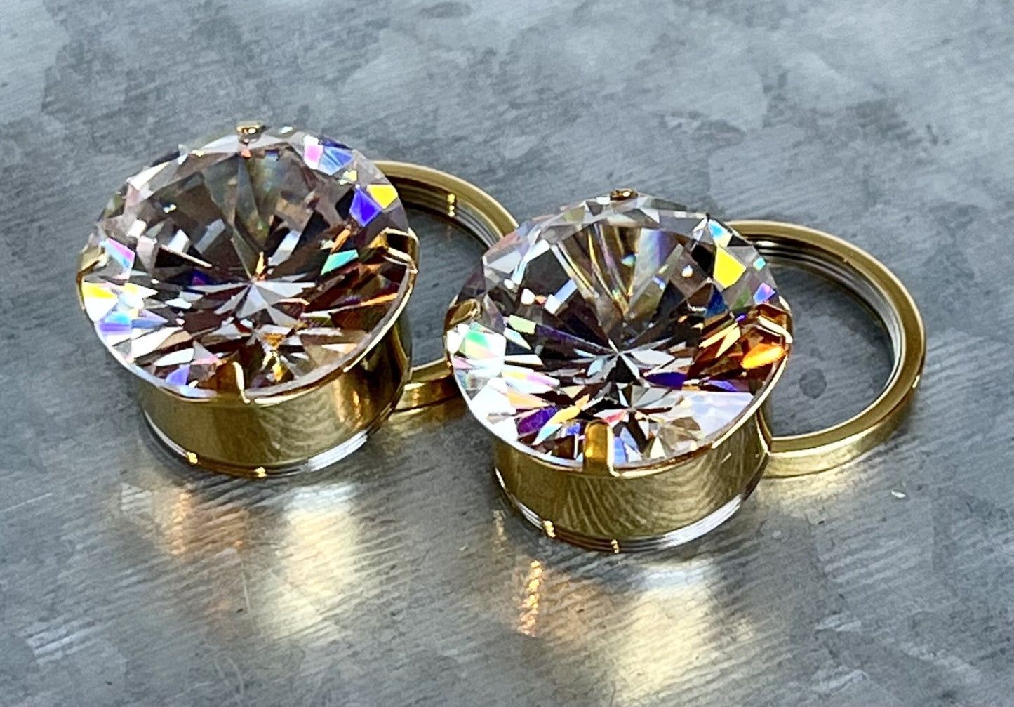 PAIR of Stunning Large CZ Gem Screw Fit Steel Tunnels / Plugs - Gauges 2g (6mm) thru 5/8" (16mm) & 8 Colors Combos Available!