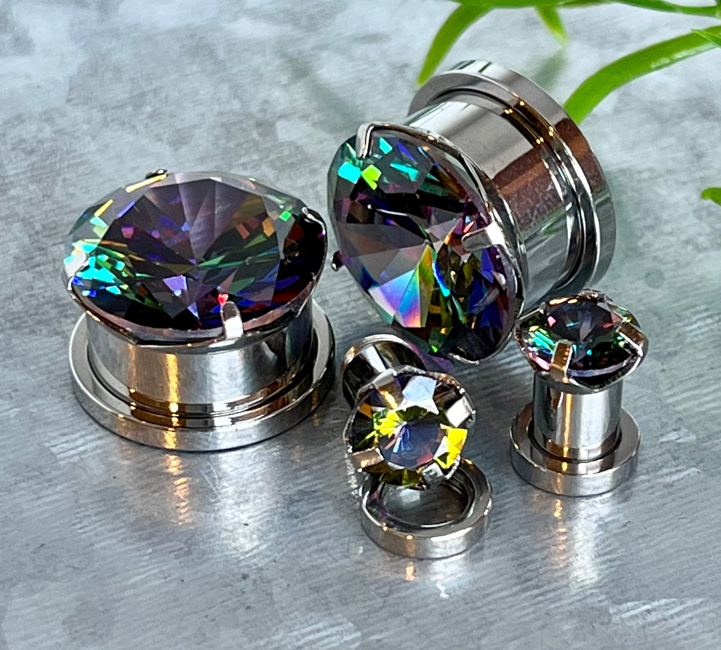 PAIR of Stunning Large CZ Gem Screw Fit Steel Tunnels / Plugs - Gauges 2g (6mm) thru 5/8" (16mm) & 8 Colors Combos Available!