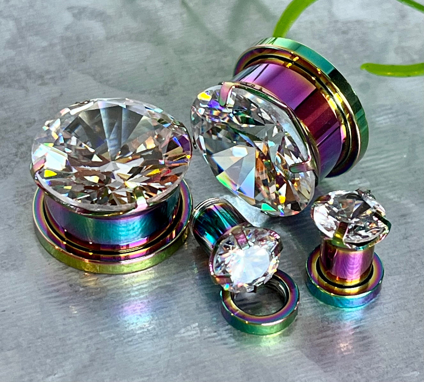PAIR of Stunning Large CZ Gem Screw Fit Steel Tunnels / Plugs - Gauges 2g (6mm) thru 5/8" (16mm) & 8 Colors Combos Available!