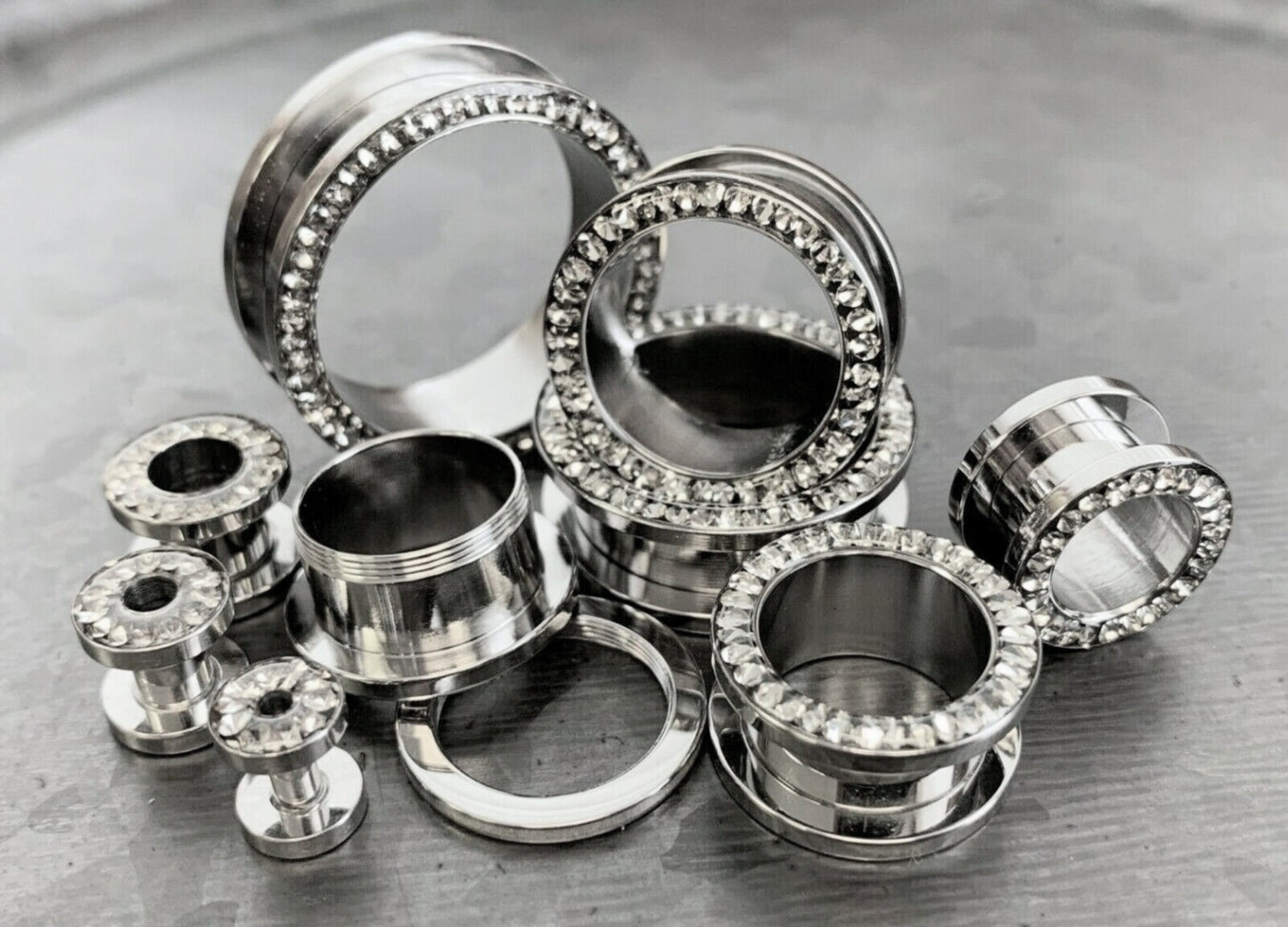 PAIR of Stunning Epoxy over CZ Gem Rim 316L Surgical Steel Screw Fit Tunnel/Plugs - Gauges 8g (3.2mm) thru 15/16" (24mm) available!