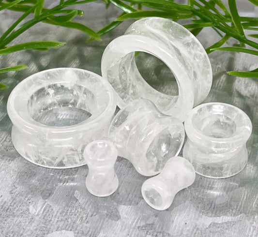PAIR of Beautiful Clear Quartz Stone Tunnels Organic Stone Double Flare Plugs - Gauges 2g (6.5mm) thru 1" (25mm) available!