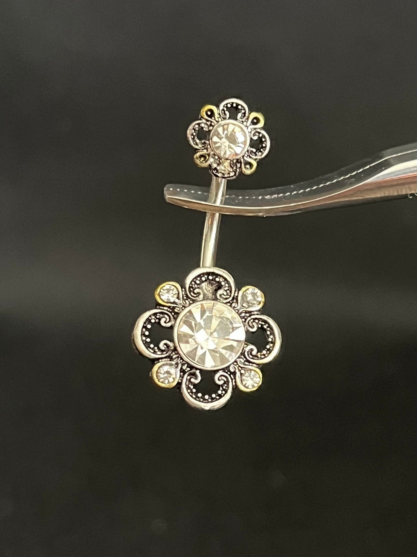 1 Piece Unique CZ Petals Floral Filigree Belly Ring Double Flower Navel / Naval Belly Ring -14g- 10mm- Gold, Steel and Rose Gold Available!