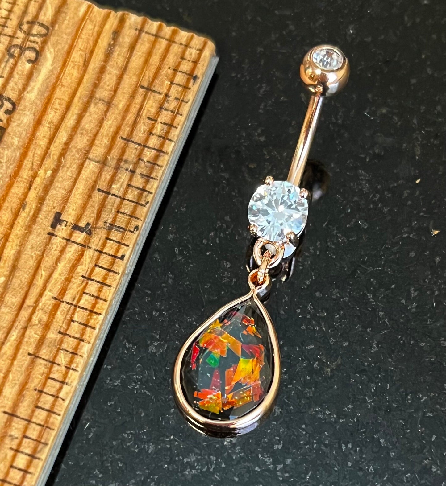 1 Piece Brilliant Rainbow Glitter Opalite Tear Drop with CZ Gems Navel / Naval Belly Ring - 14g - 10mm- Gold, Steel and Rose Gold Available!