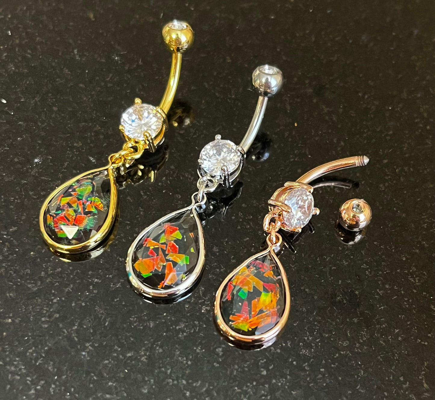 1 Piece Brilliant Rainbow Glitter Opalite Tear Drop with CZ Gems Navel / Naval Belly Ring - 14g - 10mm- Gold, Steel and Rose Gold Available!