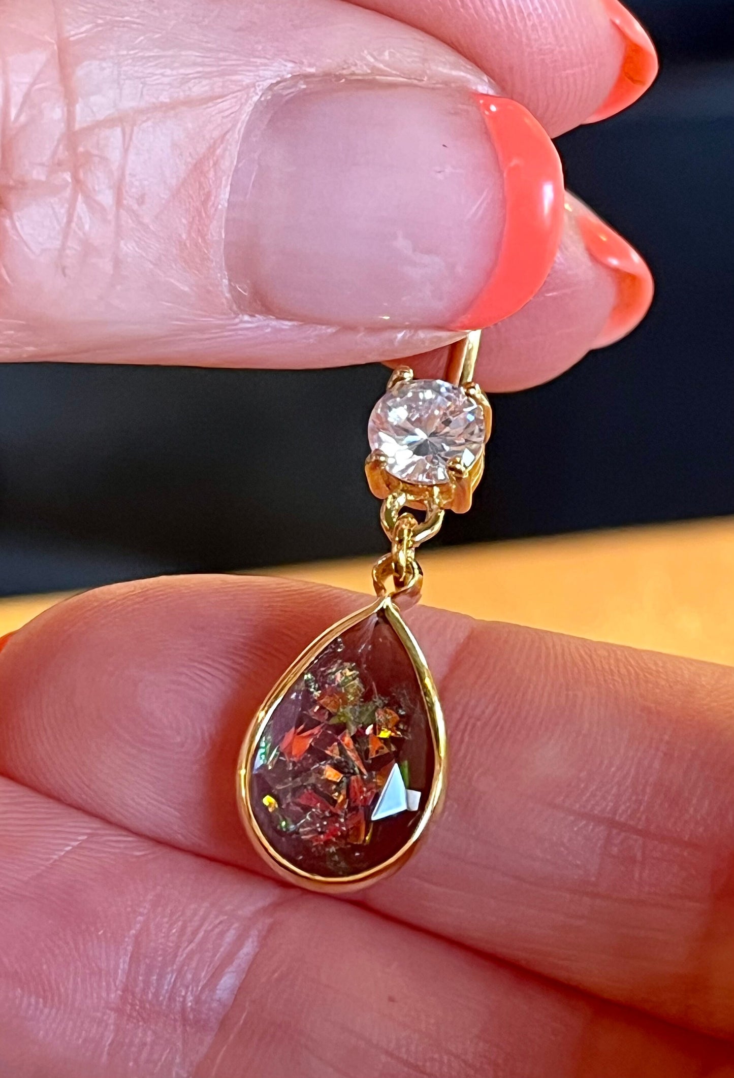 1 Piece Brilliant Rainbow Glitter Opalite Tear Drop with CZ Gems Navel / Naval Belly Ring - 14g - 10mm- Gold, Steel and Rose Gold Available!