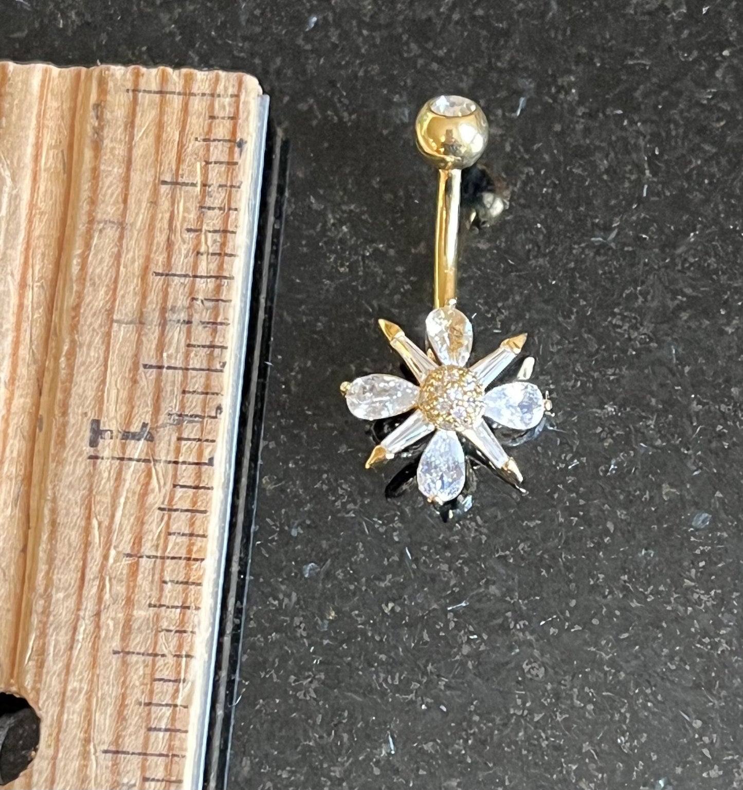 1 Piece Baguette & Pear Cut CZ Gem w/ Gem Ball Center Dangle Navel / Naval Belly Ring - 14g - 10mm - Gold, Steel and Rose Gold Available!