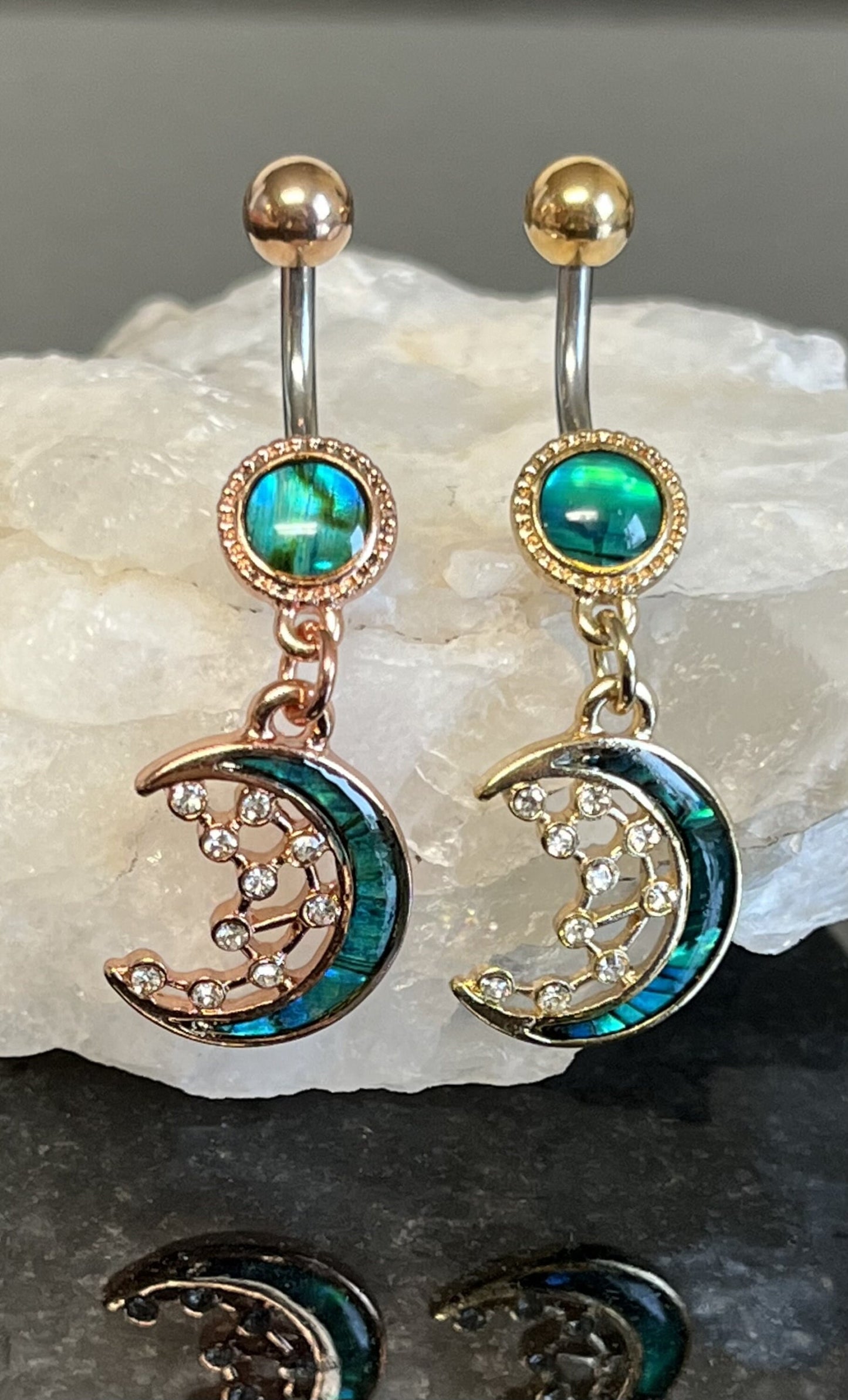 1 Piece Unique Abalone Shell Inlay Crescent Moon with CZ Stars Dangle Navel / Naval Belly Ring - 14g - 10mm - Gold and Rose Gold Available!