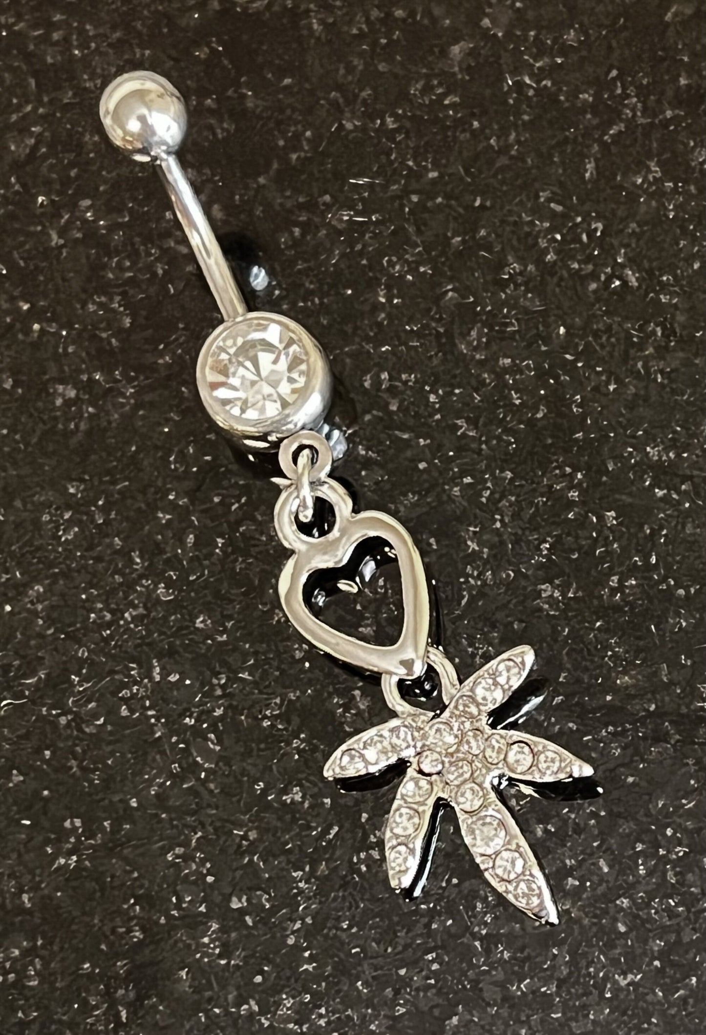 1 Piece Unique Heart & Pot Leaf Paved CZ Gem Navel / Naval Belly Ring - 14g - 10mm - Green and Clear Available!