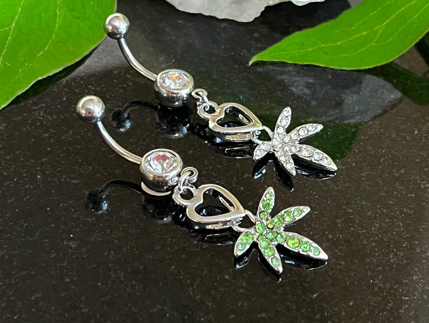 1 Piece Unique Heart & Pot Leaf Paved CZ Gem Navel / Naval Belly Ring - 14g - 10mm - Green and Clear Available!